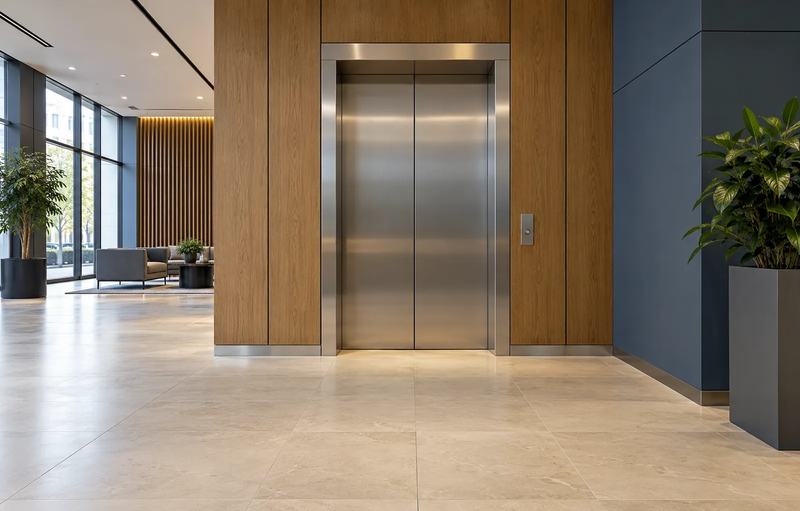 Stainless steel passenger lift in a modern commercial office lobby