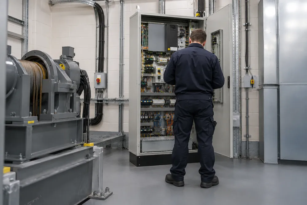 Lift engineer examining a commercial lift control cabinet