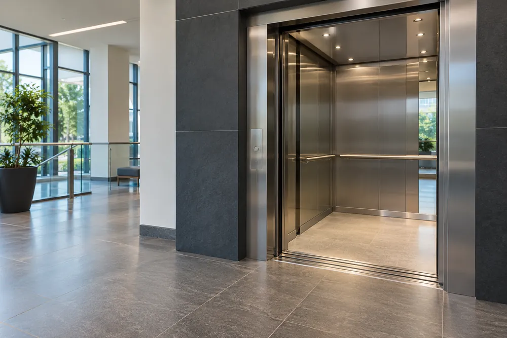 Accessible passenger lift with open doors at an office landing