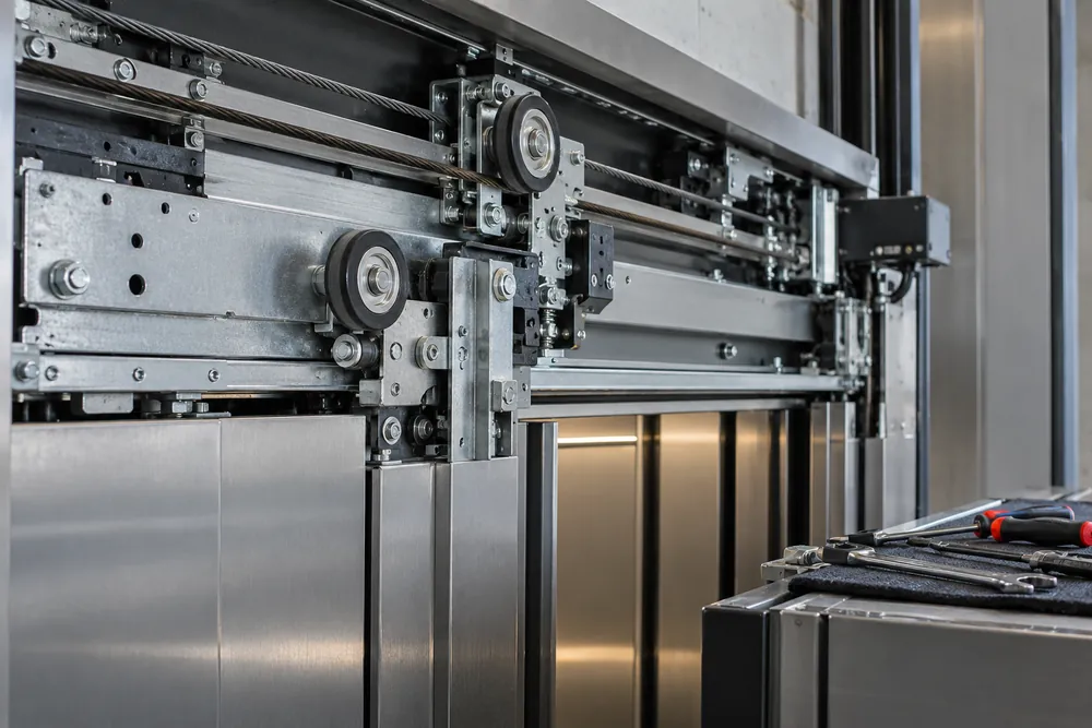 Detail of a commercial lift door mechanism prepared for repair